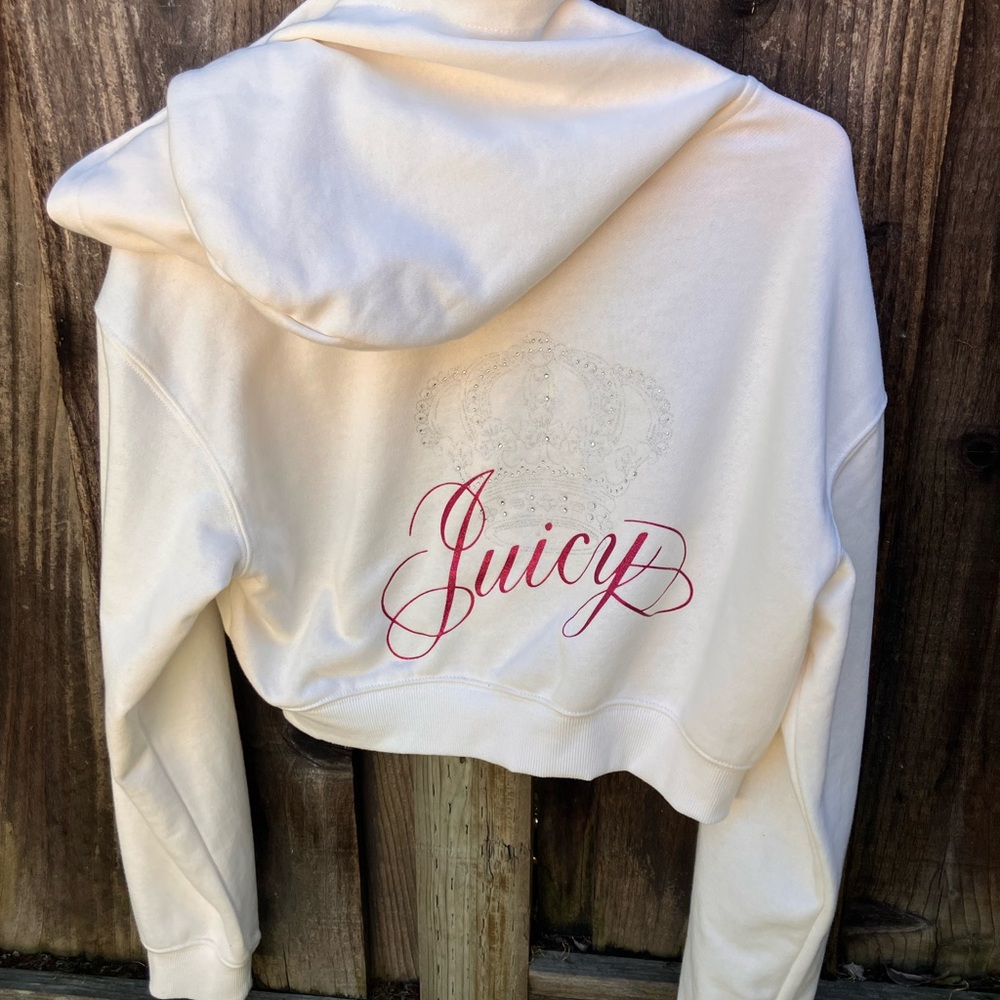 Juicy Couture cropped hoodie "white/cream soda" studded crown MEDIUM